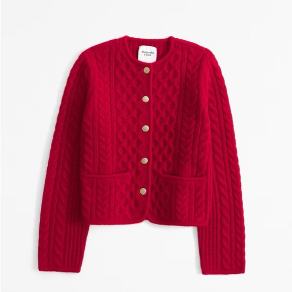 Abercrombie & Fitch Sweaters - Abercrombie Red Cable Knit Cropped Cardigan Sweater Soft Cozy Wool Blend Medium